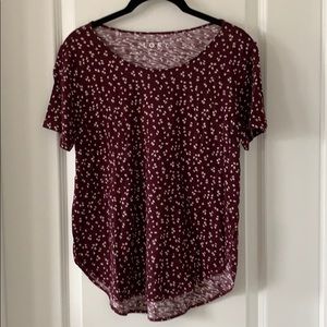 LOFT Maroon/White Rounded Hem Short Sleeves  Cotton Blend Print Top Size Small